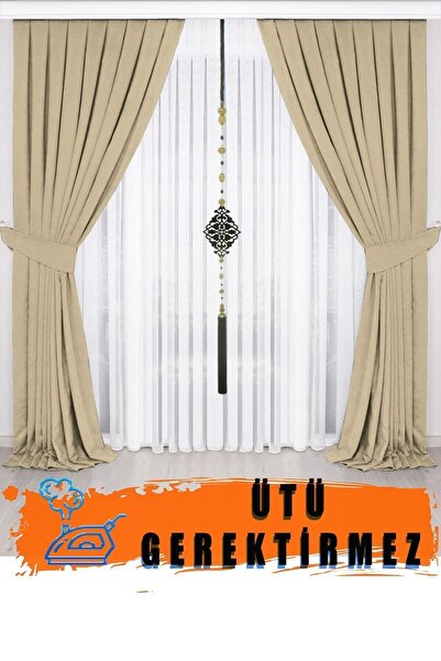 İ.D İpek Dokuma Μπεζ πλισέ κουρτίνα φόντου Velvet Look Honeycomb Texture 1η Π...