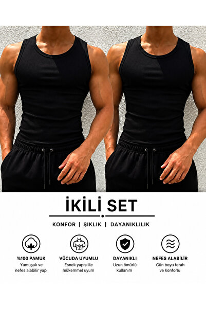 Livik 2-Pack Black Color Men's Halter Neck Slimfit Ribbed Sports Lycra Unders...