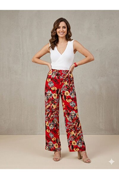 520CK Women's Viscose Fabric Wide Leg Patterned Summer Trousers