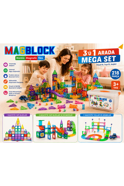Magblock Manyetik 218 Parça - 3' Ü Bir Arada Oyun Seti. Manyetik Bloklar, Sil...