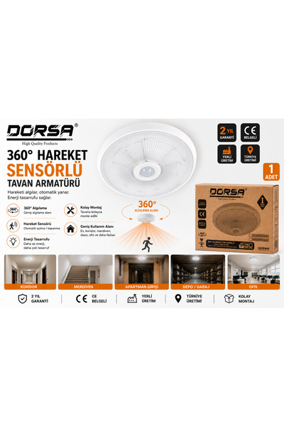 Dorsa 360° Hareket Sensörlü Tavan Armatürü Beyaz – Otomatik Sensörlü Tavan La...