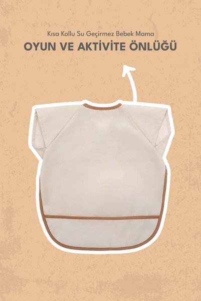 miniboni Short Sleeve Waterproof Baby Bib for Feeding, Play and Activities Beige