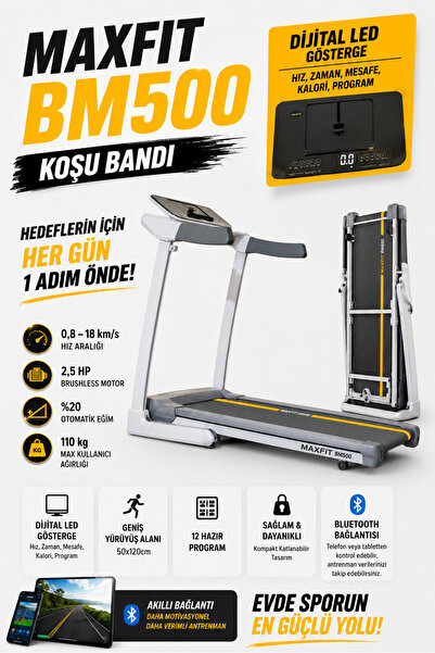 MAXFIT BM500 Otomatik Eğimli Koşu Bandı 2,5 HP Brushless Motor Bluetooth Dest...