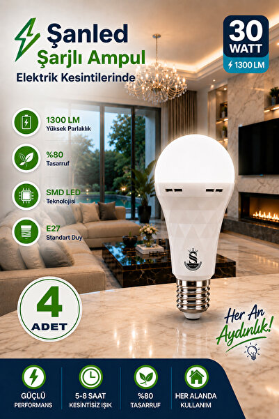 ŞANLED Şarjlı Akülü 30w Beyaz Işık Led Ampul-1-2-4-5-8-10 Adet
