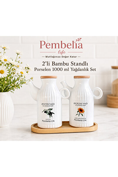 Kitchen Pembelia Bambu Standlı Etiketli Çizgili 2’li Porselen 1000 ml Yağdanl...