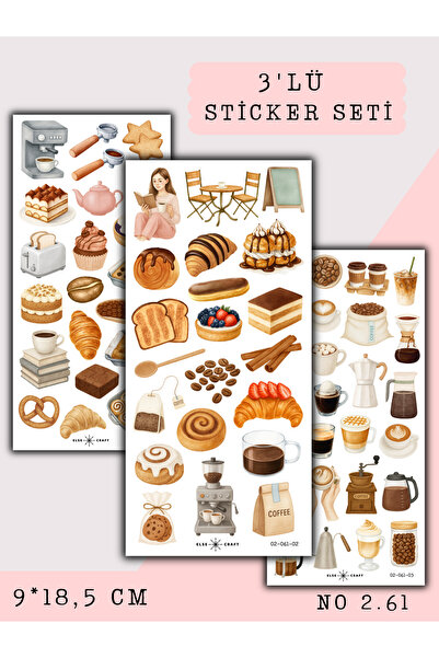 Else Craft 3'lü Pasta Tatlı Kahve Temalı Sticker 2.61 - Ajanda Planlayıcı Bul...