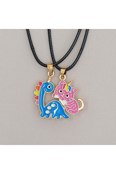 Zuum Accessories 2 li Mavi Dinozor , Pembe Unicorn Kedi Mıknatıslı İp Kolye ,...