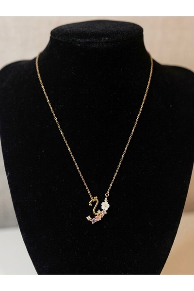 SEM STORE 316L Steel Gold Color Y Letter Zircon Stone Flower Detail Necklace