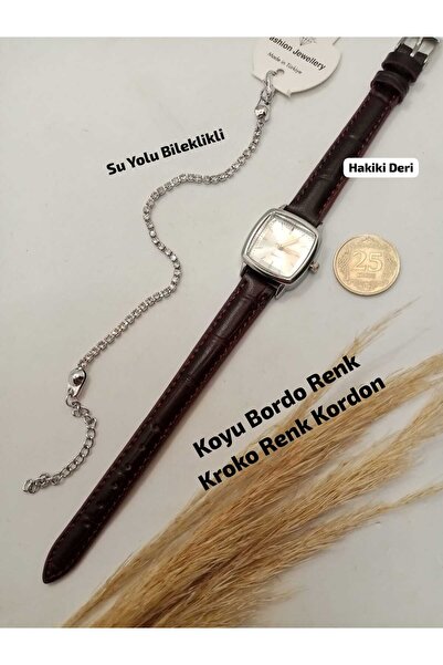 Brality Minimal Vintage Retro Kadın Kol Saati , Bordo Renk HAKİKİ DERİ Kordon...