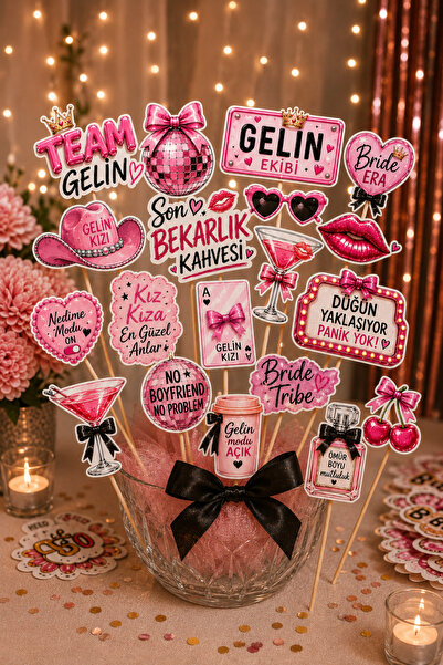 BieneGift Bekarlığa Veda Çubuklu Konuşma Balonu Seti Pembe Bride Team Gelin P...