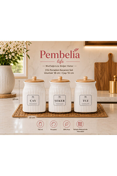 Kitchen Pembelia 3’lü Bambu Kapaklı Porselen 750 ml Çay Şeker Tuz Saklama Kav...