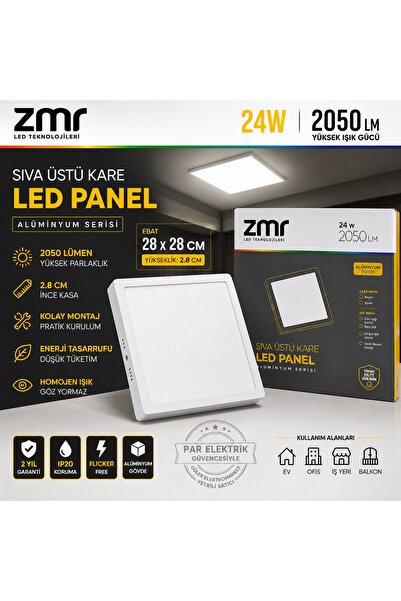 ZMR 24W Kare Slim LED Panel Armatür Beyaz Işık Tavan Aydınlatma