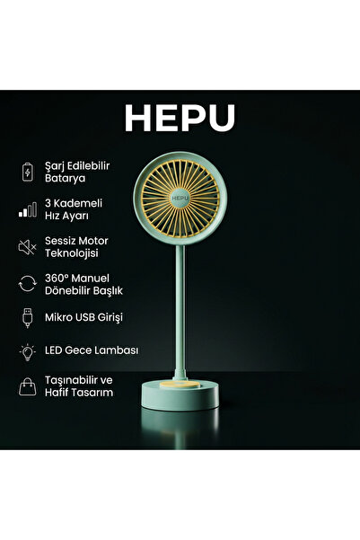 HEPU HP 9050 Şarjlı 5 Kollu 3 hız Kademeli Süper Soğutma Gece Lambalı  Vantil...