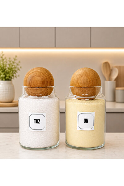 mafa home Set of 2 Wooden Ball Lid Glass Flour Salt Storage Jars 800 ml with ...