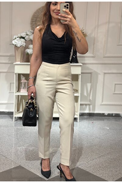 Derya Akyol Zara Model Premium Series High Waist Cream Carrot Pants