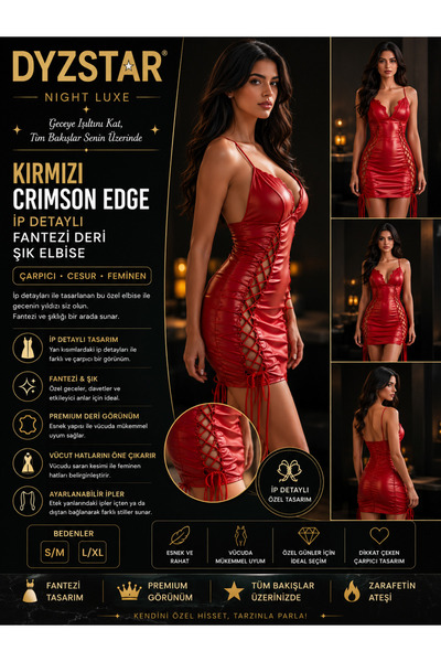 DYZSTAR Kırmızı Crimson Edge İp Detaylı Mini Elbise Şık Kadın Gece Elbisesi