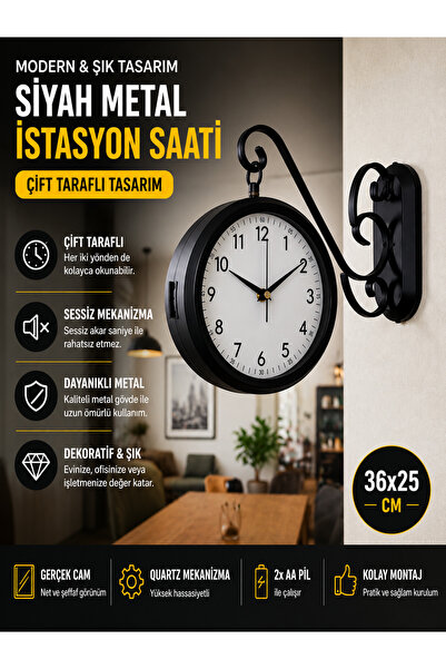 KOLAYEV Siyah Metal İstasyon Saati 36x25 Cm Çift Taraflı Duvar Saati Retro De...