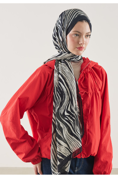 Freshscarfs Șal negru cu model zebră sălbatică din ramie