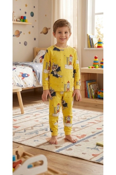 ALİŞ KİDS Set de pijamale cu mânecă lungă pentru băiat, din bumbac, galben, c...