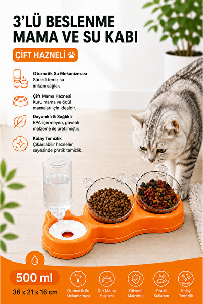 Glipet Çift Hazneli- 3' Lü Beslenme Mama Ve Su Kabı 500 ml 36*21*16 Cm