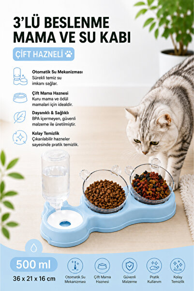 Glipet Çift Hazneli- 3' Lü Beslenme Mama Ve Su Kabı 500ml 36*21*16 Cm
