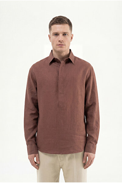 Machinist Men's Basic Linen Shirt Brown