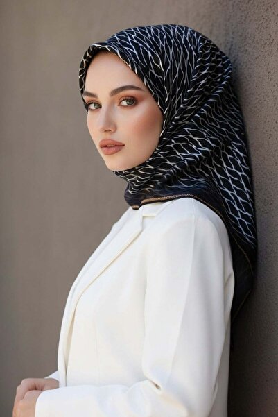 Vissona %100 Twill İpek File Desenli Siyah - Krem Renkli 90x90 Eşarp Dikim Şe...