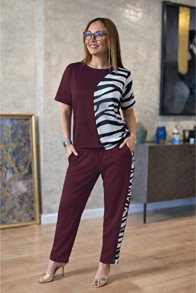 Butik Women's short sleeve crew neck zebra pattern blouse and pants double set