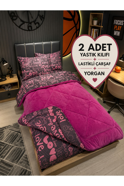 Violacasa Tek Kişilik Welsoft Pufidik Uyku Seti (Lastikli Çarşaflı) Mürdüm Love