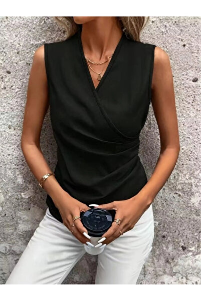 Butik Women's Sleeveless Double-Breasted Collared Imported Crepe Blouse