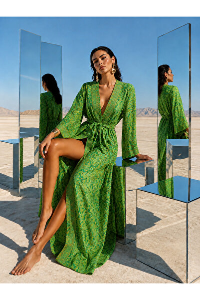 laviyonsa Halat lung din mătase cu imprimeu și caftan tip kimono