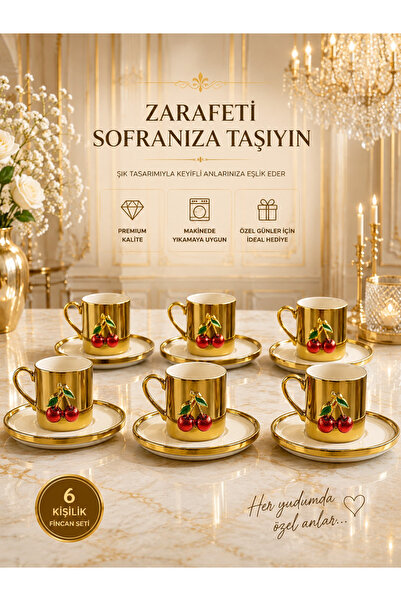 YzHome 6-Person Porcelain Gold Platinum Plated Cherry Coffee Cup Set 100ml
