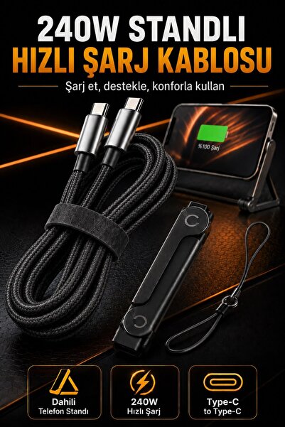 Albitmesin 240W Standlı Type-C to Type-C Hızlı Şarj Kablosu, Hasır Örgülü Tel...