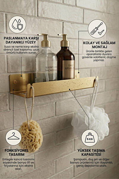Grandmix Metal Duşakabin İçi Raf Organizer Şampuanlık ve Askılık Gold 35 cm