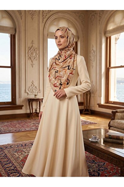 Vissona 100% Silk Striped Patterned Beige - Taba Color Shal