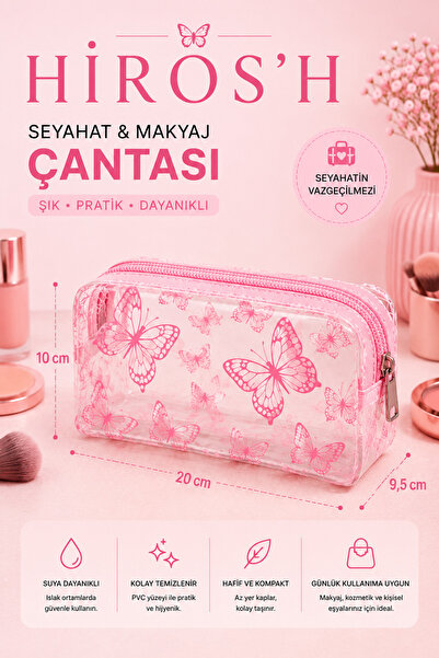 HİROS'H Şeffaf Makyaj Çantası Seyahat Tipi Cilt Bakım Makyaj ve Kozmetik Düze...