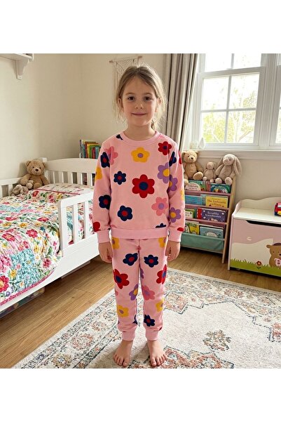 Pajama Shop طقم بيجامة بناتي من القماش القطني باللون الوردي بنمط زهور وأكمام ...