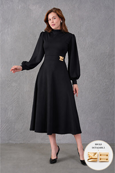 vuvutasarım Rochie de seară midi neagră, cu mâneci lungi și evazat , din crep...