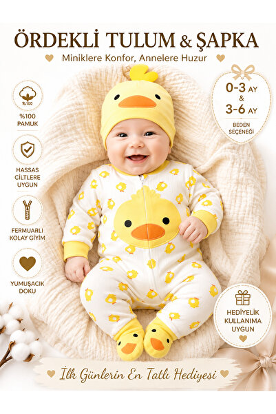 İZYALİF BABY Kız Erkek Bebek Civcivli Tulum 2 Parça Şapkalı Oyuncak Dahil Değ...