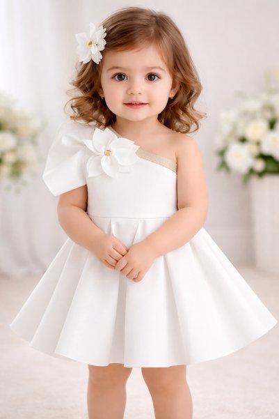 İBRE Girls' Floral White One-Shoulder Dress
