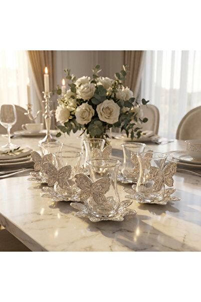 Generic Turkish Tea Set for Six Person with Silver Butterfly Holders - Glass ...