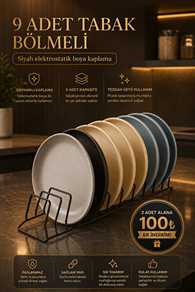 KITCHBATH Tezgah Üstü 9 Bölmeli Siyah Bulaşıklık Düzenleyici, Paslanmaz Tabak...