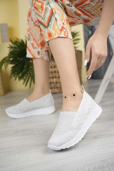 Nesil Shoes Aky 055 Tricotaj cu sclipici alb Pantofi de vară damă