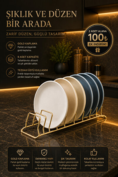 KITCHBATH Tezgah Üstü 9 Bölmeli Gold Bulaşıklık Düzenleyici, Paslanmaz Tabakl...
