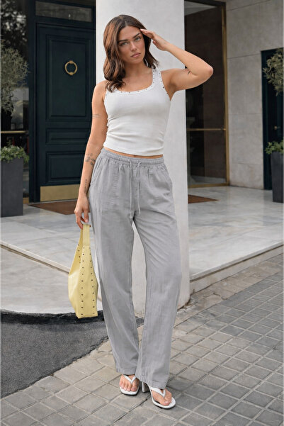 DAMGA JEANS Women's Trend Premium Loose Gray Linen Trousers