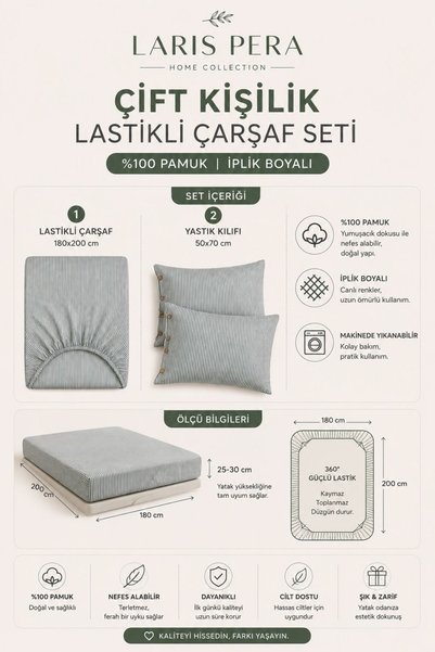 Larispera Cotton Yarn Dyed 180X200Cm Green Double Elastic Bed Sheet Set with Buttoned Pillowcases (50X70Cm2Pieces)