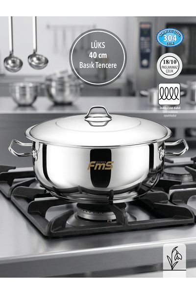 Fms celik 40 Cm Lüks Basık Çelik Tencere | 15 Litre | 18/10 Paslanmaz | İndük...