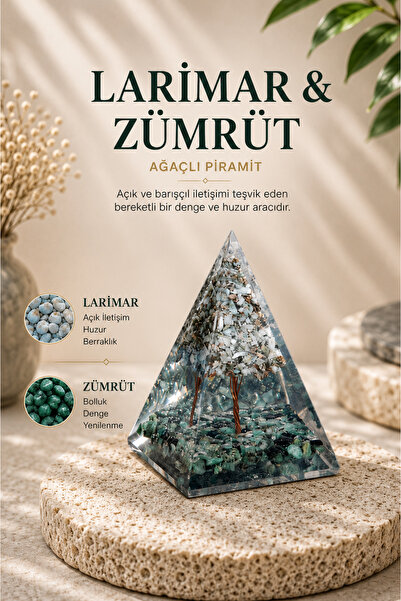 Saff Doğal Taş Larimar & Zümrüt Ağaçlı Piramit