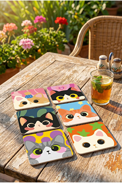 Pixi Print Lab 6’lı Dekoratif Kedi Desenli MDF Bardak Altlığı
