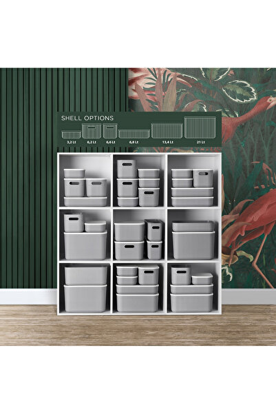 Bayev 3'lü Gri Storage Kapaklı Kutu Seti (21 LT - 13 LT - 6,8 LT) Dolap Düzenleyici Organizer Saklama Kabı